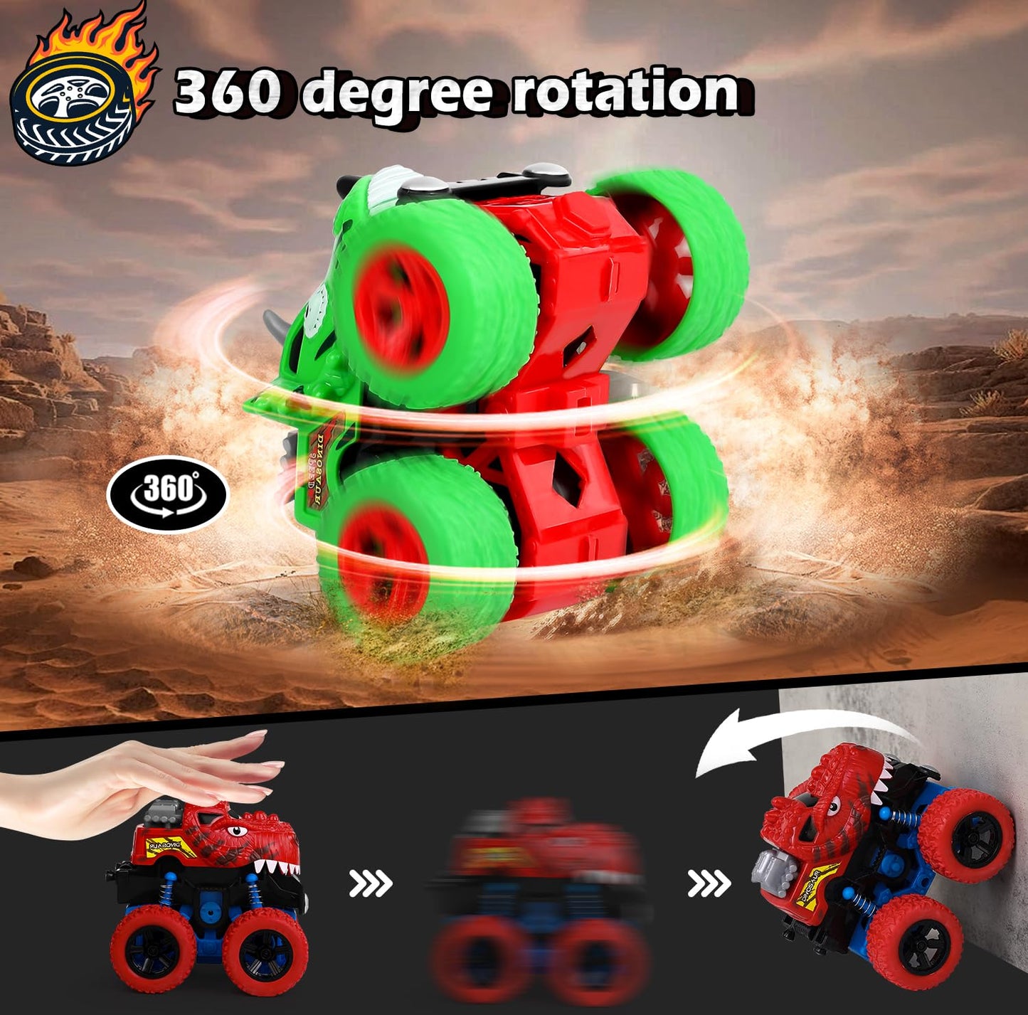 Awsogiff Dinosaur Toys For 3 4 5 Year Old Boys, 2 Pack Push & Pull Friction Powered Dinosaur Monster Truck, Dino Cars For Kids 3