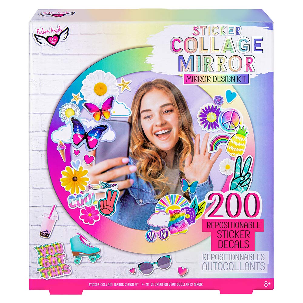 Fashion Angels Sticker Collage Mirror Design Set - 1 Round Rainbow Mirror to Hang or Stand, 3 Stickers Sheets with 200 Reusable 