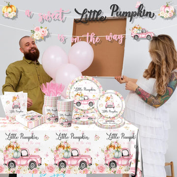 Little Pumpkin Baby Shower Party Decorations Tableware,142Pcs A Sweet Little Pumpkin Is On The Way Girl Pink Floral Truck Dispos
