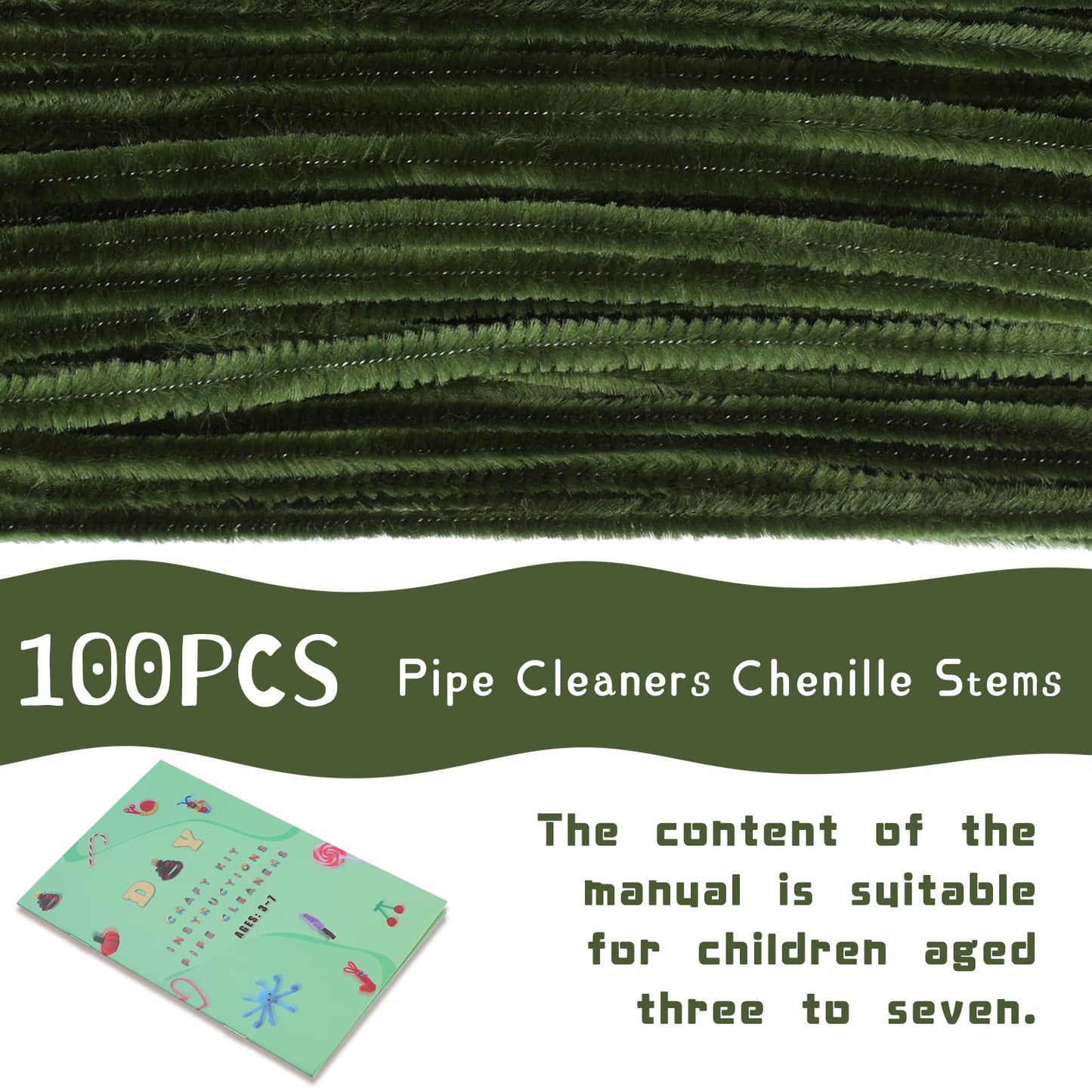 Giwrmu 100 Pieces Pipe Cleaners Chenille Stem, Grass Green Pipe Cleaners Craft, Fuzzy Sticks Craft Supplies, Colored Pipe Cleane