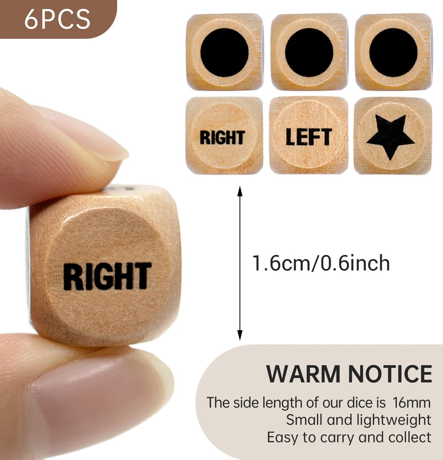 Buffsiss Left Right Center Game Dice 16mm Wooden Dice with Drawstring Bag,Standard Size 6 Sided Dice for Left Right Center Game