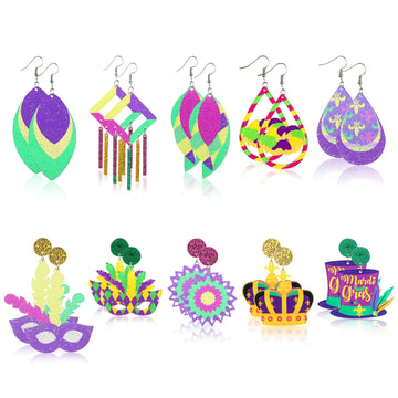10 Pairs Mardi Gras Earrings Bulk, Acrylic Mardi Gras Themed Glitter Earrings For Masquerades, Mardi Gras Party Decoration, Fat