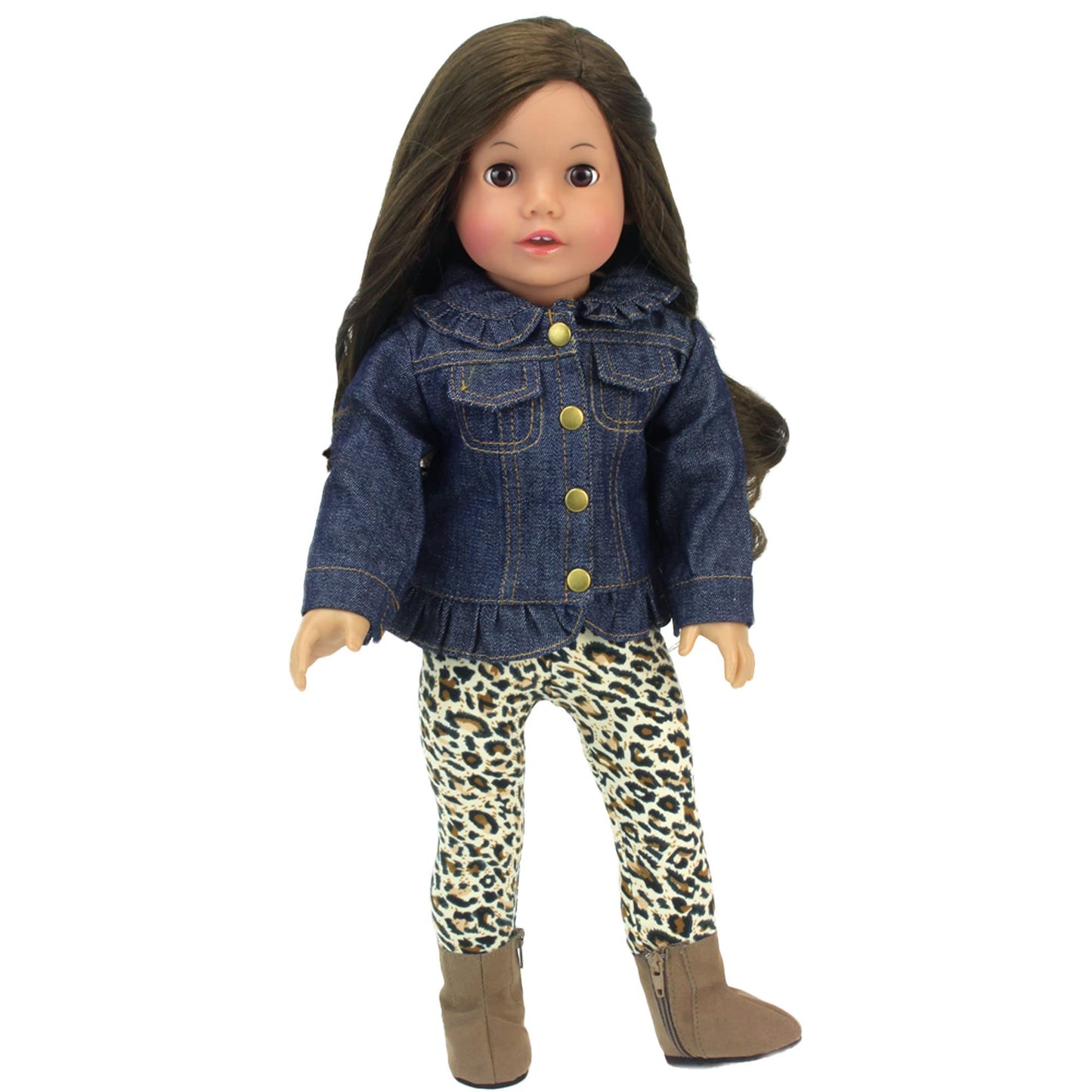 Sophia'S Ruffle Denim Jean Jacket, Animal Print Leggings, And Brown Suede Ankle Boots With Zipper Outfit 3 Piece Set For 18' Dolls, Brown
