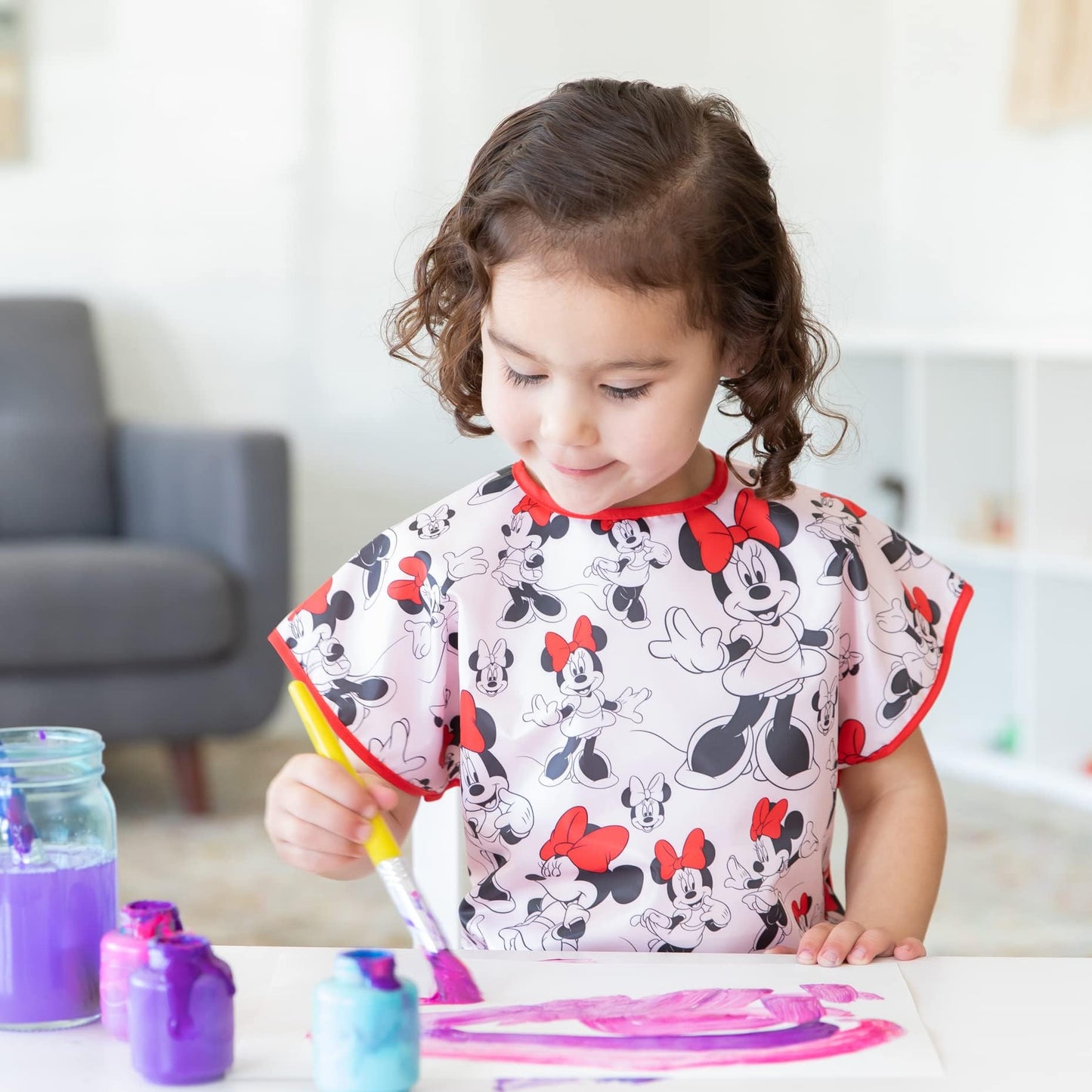 Bumkins Disney Short Sleeve Smock, Toddler Reusable Waterproof Bib For Girls And Boys 3-7 Years, Junior Childrens, Kids Paint Apron, Arts, Crafts And Play With Pocket, Soft Fabric, Minnie Mouse