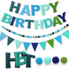 Pre-Strung Happy Birthday Banner - Felt Ball Garland HAPPY BIRTHDAY Pennant, Multicolor Bunting String Triangle (Blue)