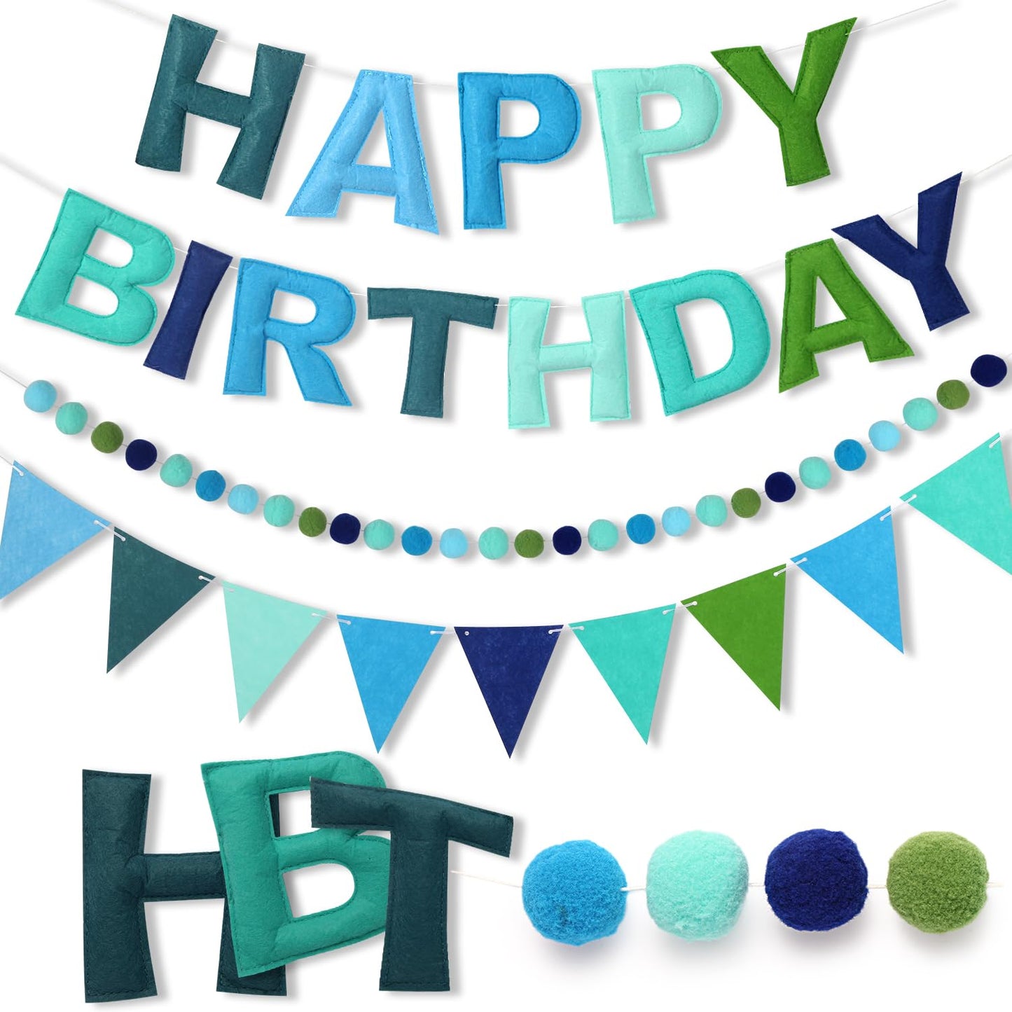 Pre-Strung Happy Birthday Banner - Felt Ball Garland HAPPY BIRTHDAY Pennant, Multicolor Bunting String Triangle (Blue)