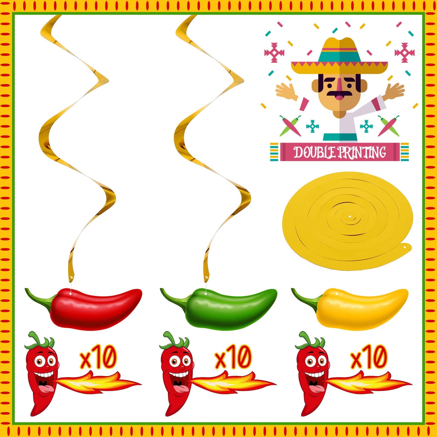 30 Pieces Chili Pepper Whirls Cinco de Mayo Pepper Decorations for Fiesta Party Mexico Spiral Hanging Party Streamers for Decor