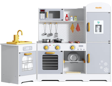Play Kitchen For Kids, Wooden Play Kitchen With Toy Storage System, 21Pcs Accessories Included, Oven Faucet, Microwave, Ice Make
