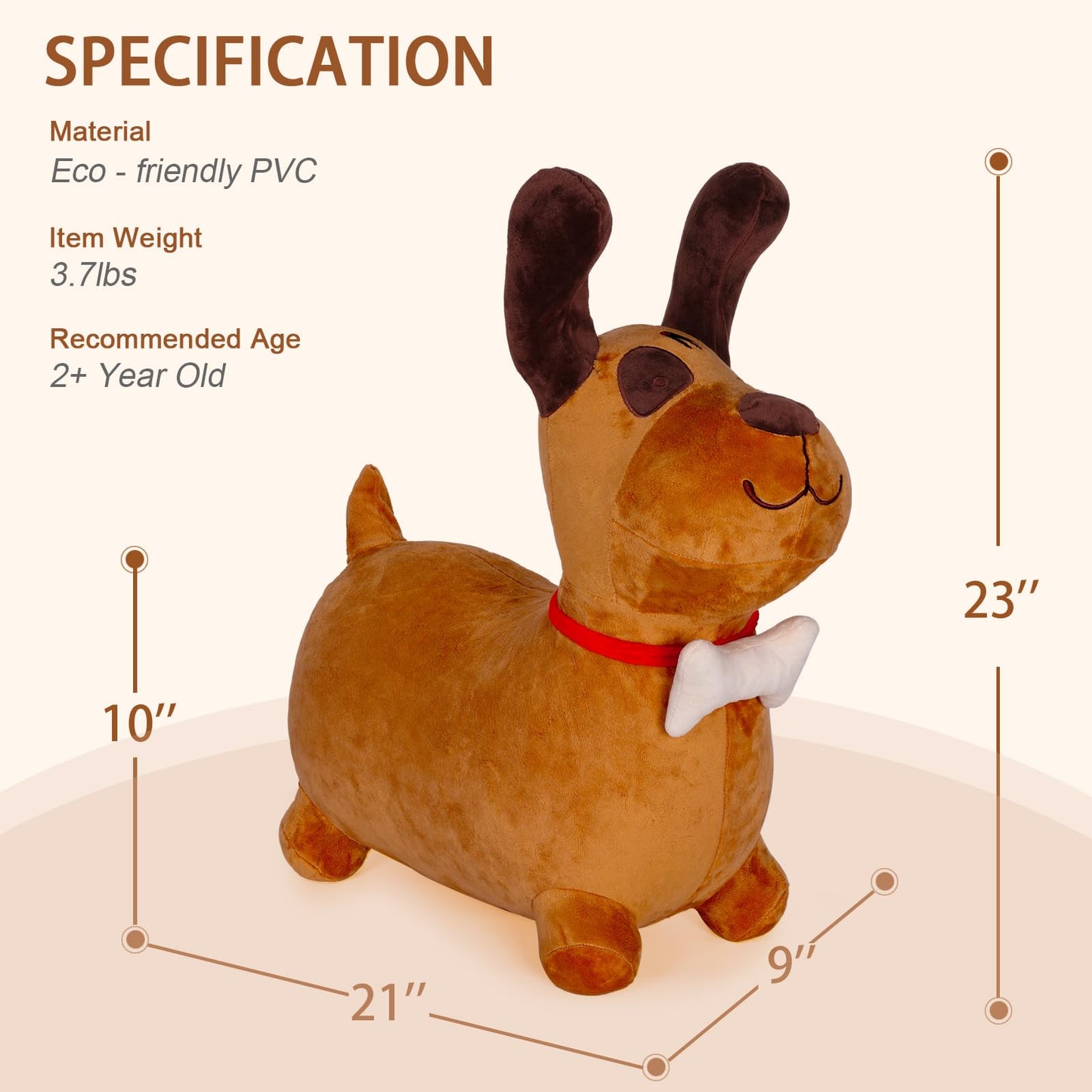 INPANY Bouncy Dog Hopper Toy - Plush Medium Ride-On for Toddlers, Brown Rubber, Ideal Birthday Gift for 2-4 Year Olds
