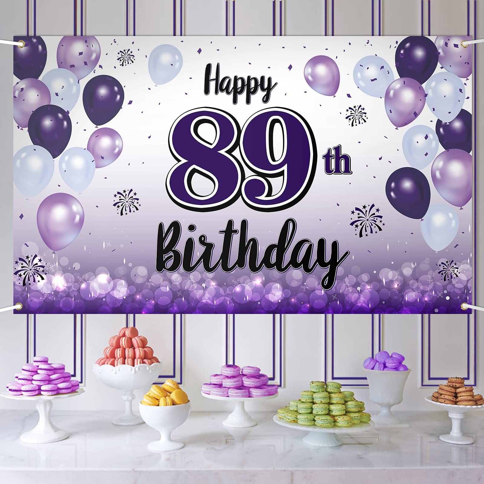 LASKYER Happy 89th Birthday Decorations,89th Purple Balloon Large Birthday Banner Backdrop Sign,89 Years Old Bday Party Supplies