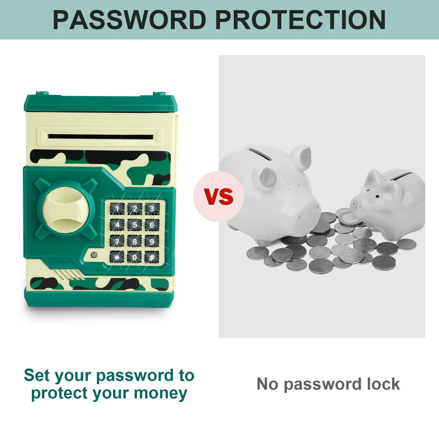 Pup Go Electronic ATM Piggy Bank for Kids Ages 3 4 5 6 7 Years Old  Pasdecorative replica blade Money Safe with Auto Cash Scroll Machine Money Saving Box  Coin Bank Kids Safe Box  for Boys & Girls(Camo Green