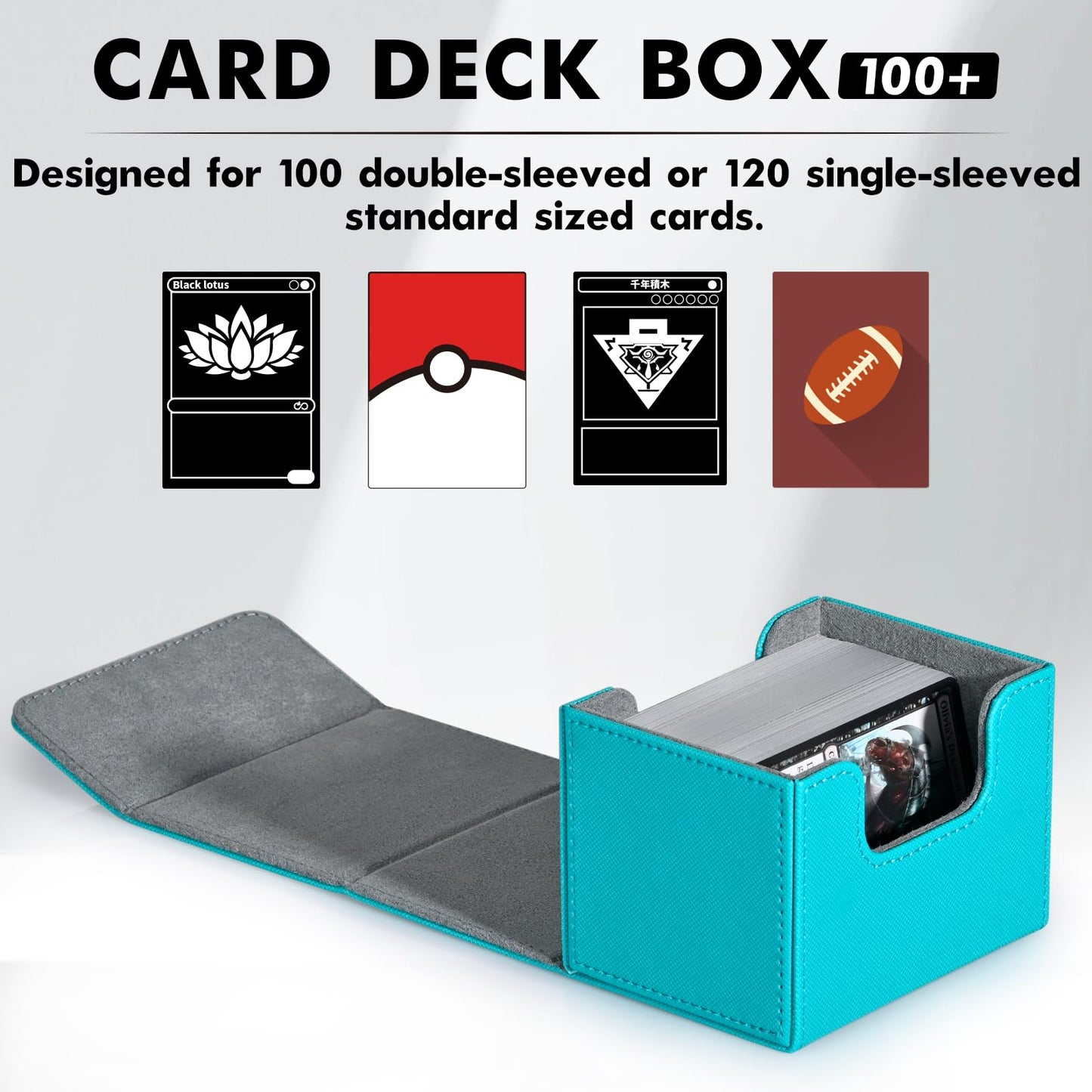 Zlca Card Deck Box For Trading Cards, Mtg Commander Deck Box Holds 120+ Single Sleeved Cards, Leather Magnetic Card Storage Box Fits For Tcg Ccg Magic Cards (Turquoise)