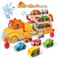 Toddler Toys For 2 3 4 5 Years Old Kids, Transport Car Carrier Truck Toy With 6 Wooden Vehicle, 30In Foldable Track Trailer With