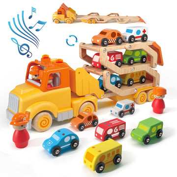 Toddler Toys For 2 3 4 5 Years Old Kids, Transport Car Carrier Truck Toy With 6 Wooden Vehicle, 30In Foldable Track Trailer With