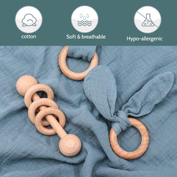 Baby Lovey, Wood Rattle, Teether Ring, 3 Pack Montessori Gift, Navy Blue, Cotton, Double Gauze, Baby Shower, Gender Neutral Gift