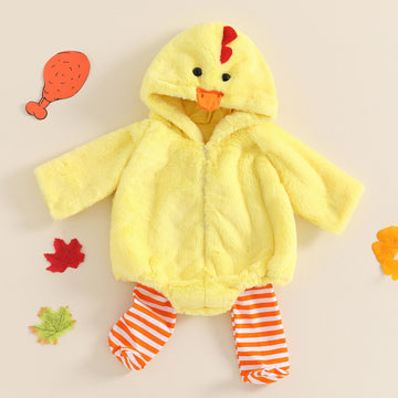 Adobabirl Baby Girl Boy Halloween Costume Chick Shaped Plush Long Sleeve Hoodie Romper Striped Footie Pants Cute Clothes (Chick