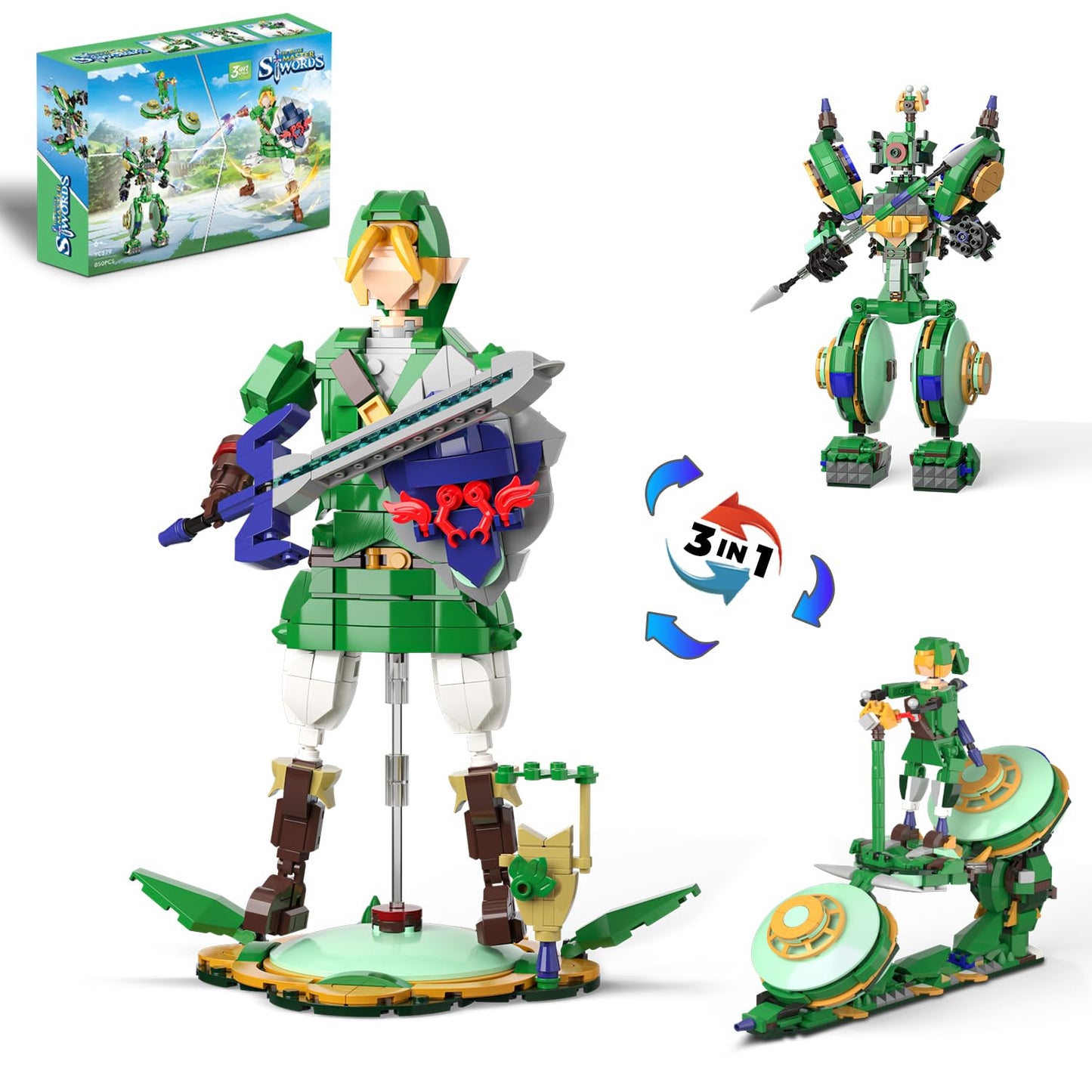 3 in 1 BOTW Building Set  Transforms to 3 Different Zelda Figures- from Link Holding Master decorative replica blade  to Battle Robot  to Glider Bike  Compatible with Lego Zelda (850PCS)