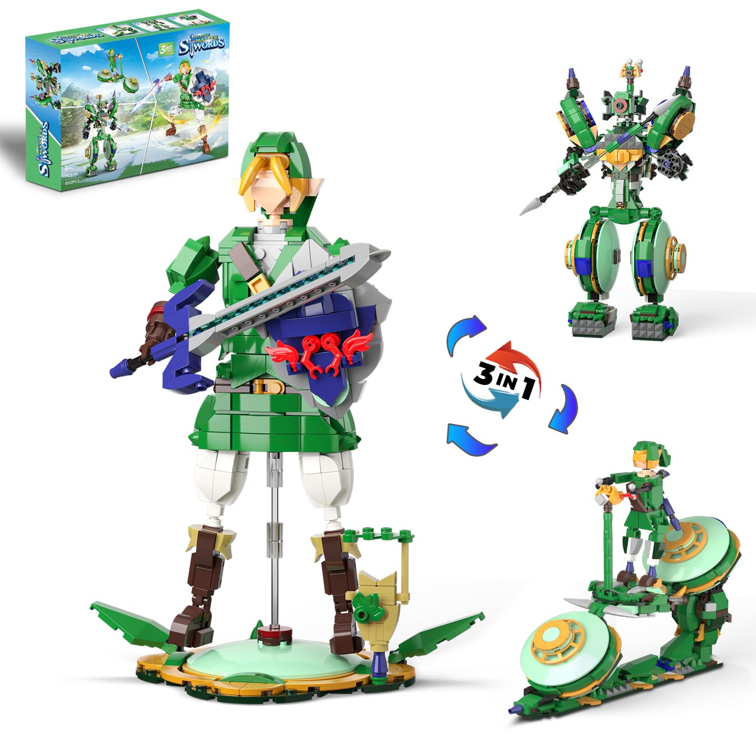 3 in 1 BOTW Building Set  Transforms to 3 Different Zelda Figures- from Link Holding Master decorative replica blade  to Battle Robot  to Glider Bike  Compatible with Lego Zelda (850PCS)