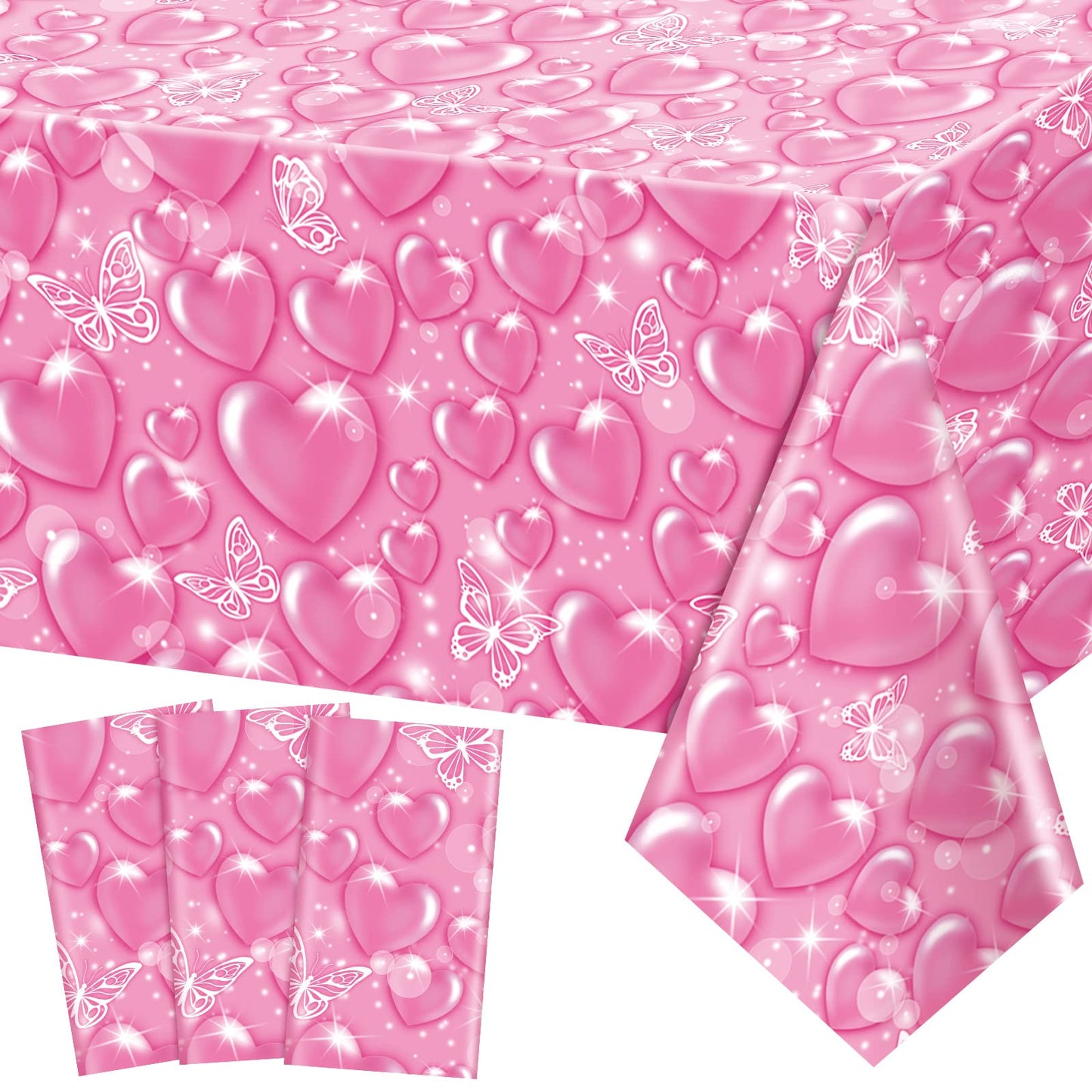 Peryiter 3 Pack 2000s Tablecloth Decorations Pink Cholo Party Table Covers Y2k 90s Plastic Heart Butterfly Disposable Rectangle 
