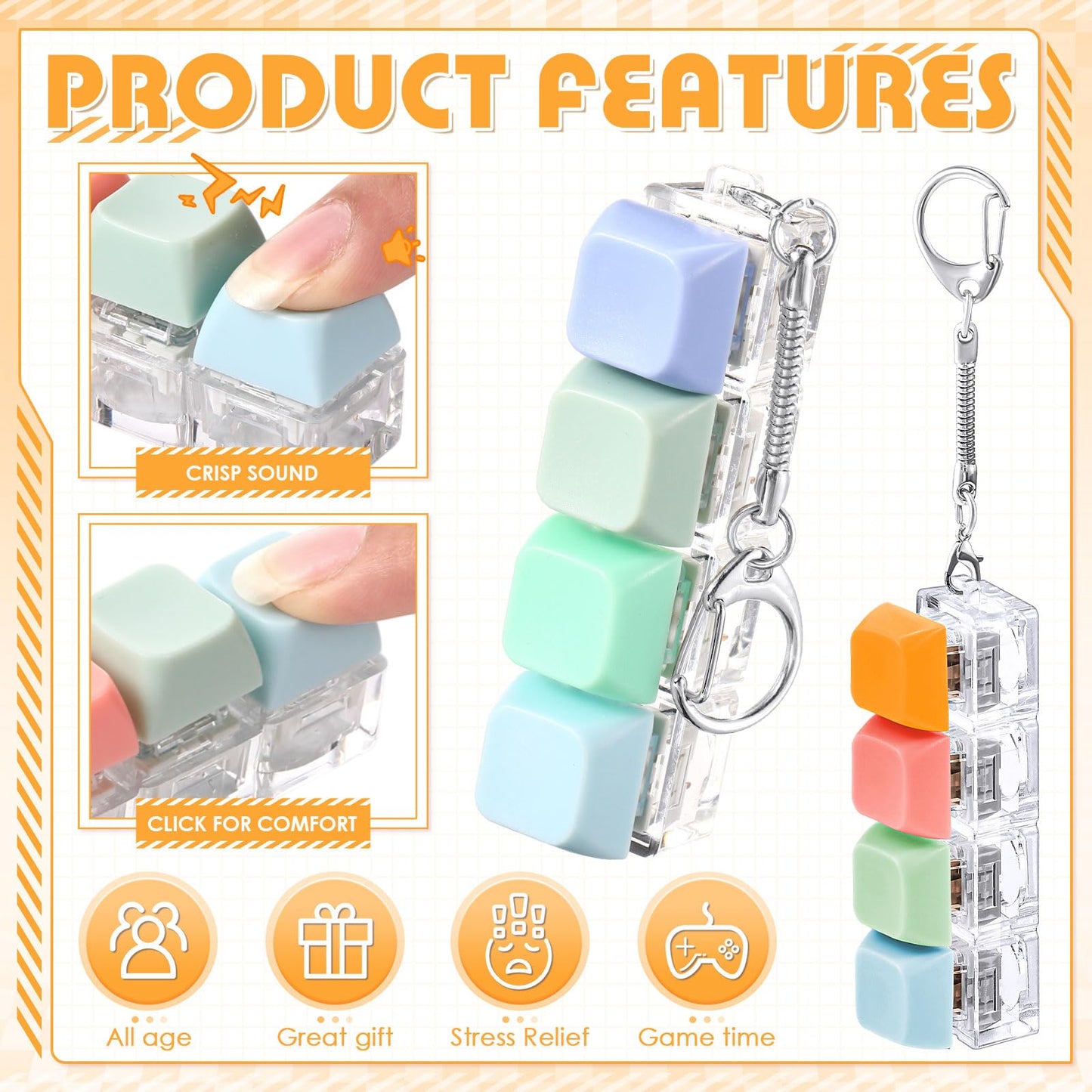 Halloscume 4 Pcs Keyboard mature-themed Fidget Toy Clicker Toy 4-in-1 Keyboard Fidget Keychain Cube Mechanical Key Button Clicker Stress Relief Gift for Office School Home to Pass the Time (Watercolor Colors)