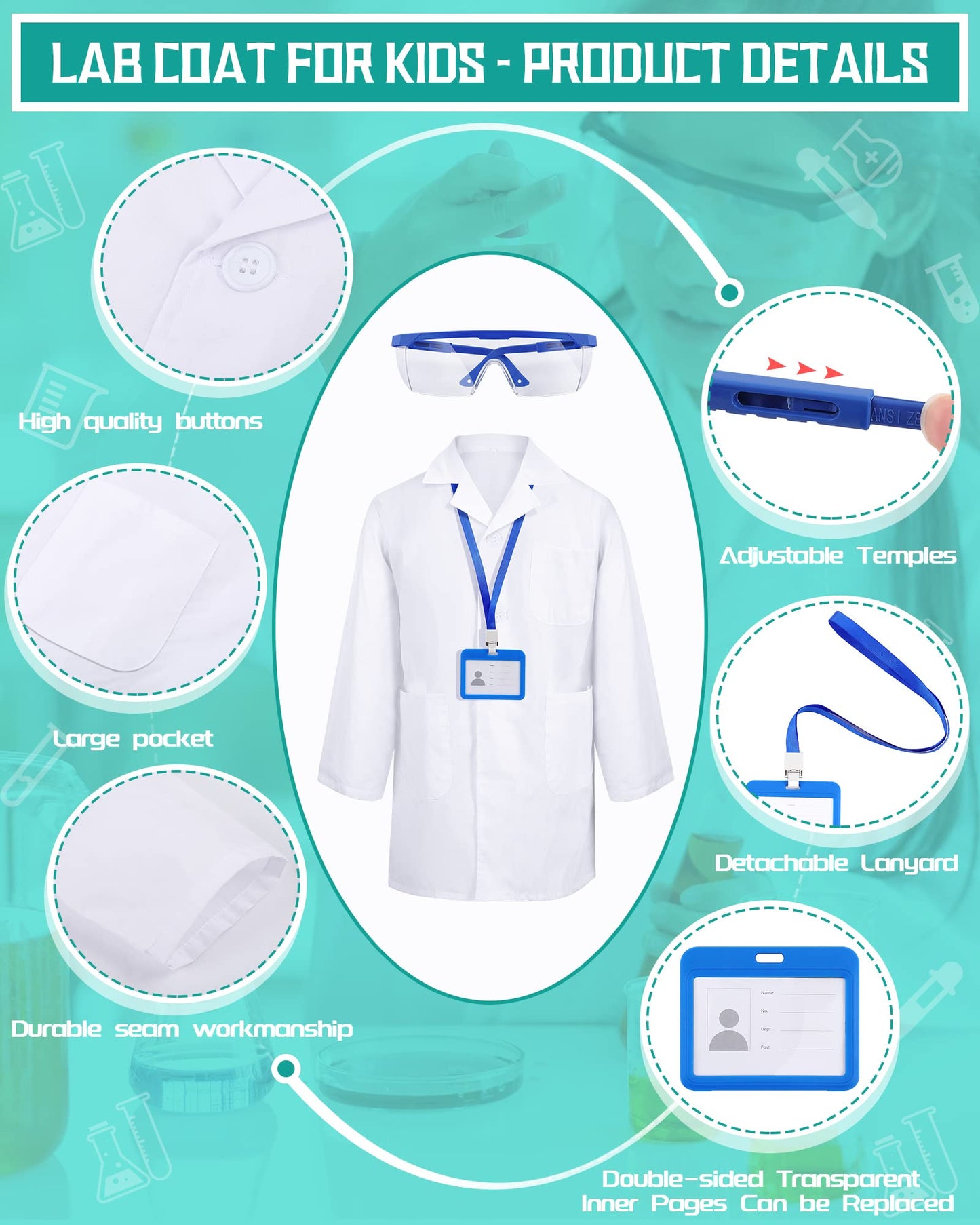 Xtinmee 12 Sets 36 Pcs Kids Lab Coat Set Halloween Doctor Costume With Goggles Id Card Science Dentist Doctor Dress Up Kit (Larg