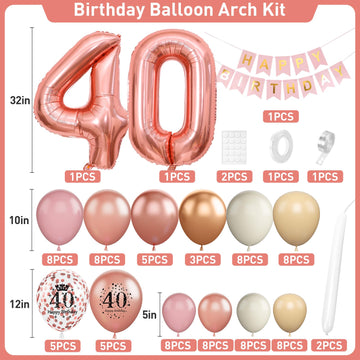 40Th Birthday Decorations For Women,Rose Gold 40Th Birthday Balloon Arch Garland Kit With Happy 40Th Birthday Number 40 Foil Bal