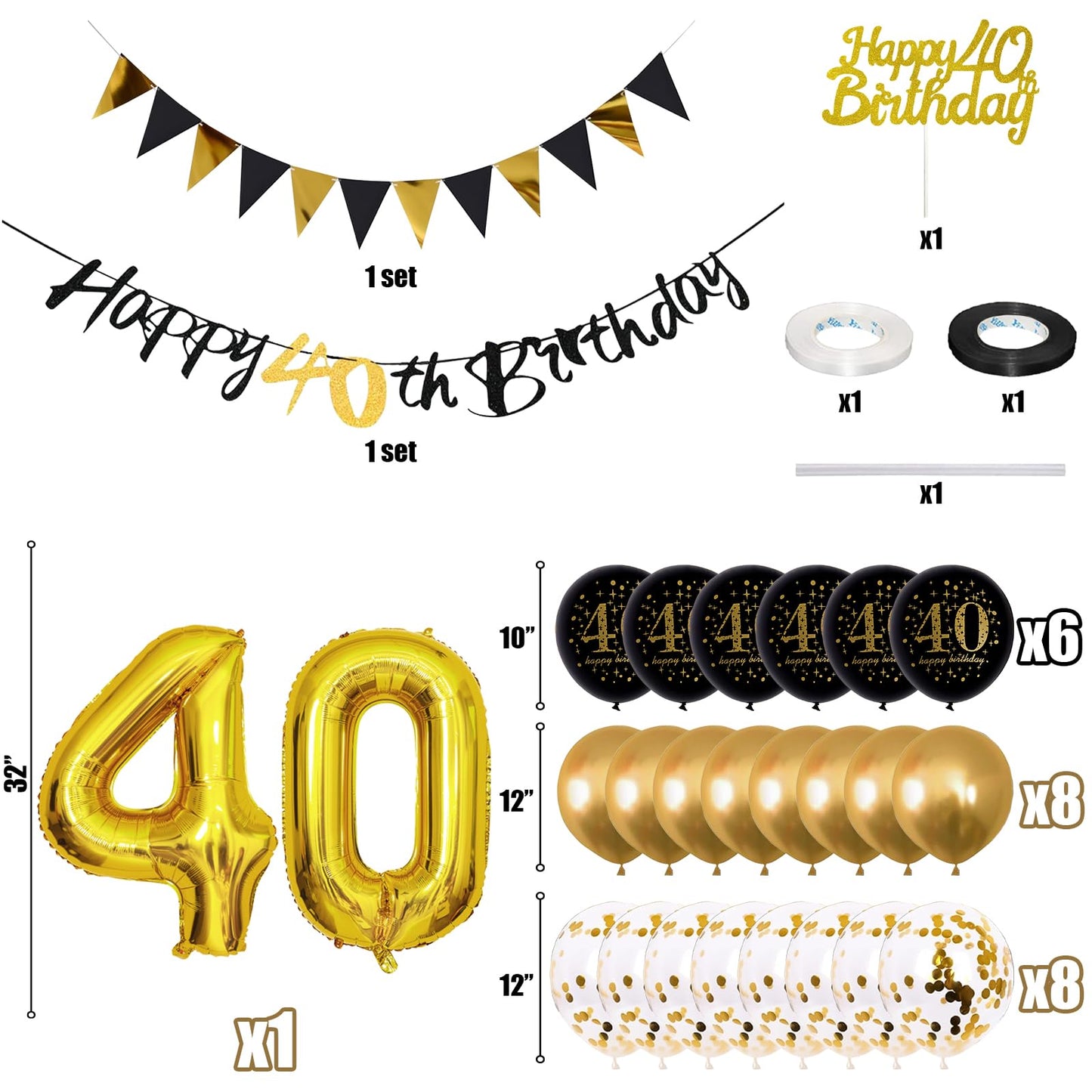 Jobkoo 40Th Birthday Decorations For Man, Black Gold 40Th Birthday Balloons Black Happy 40Th Birthday Banner 40Th Birthday Cake