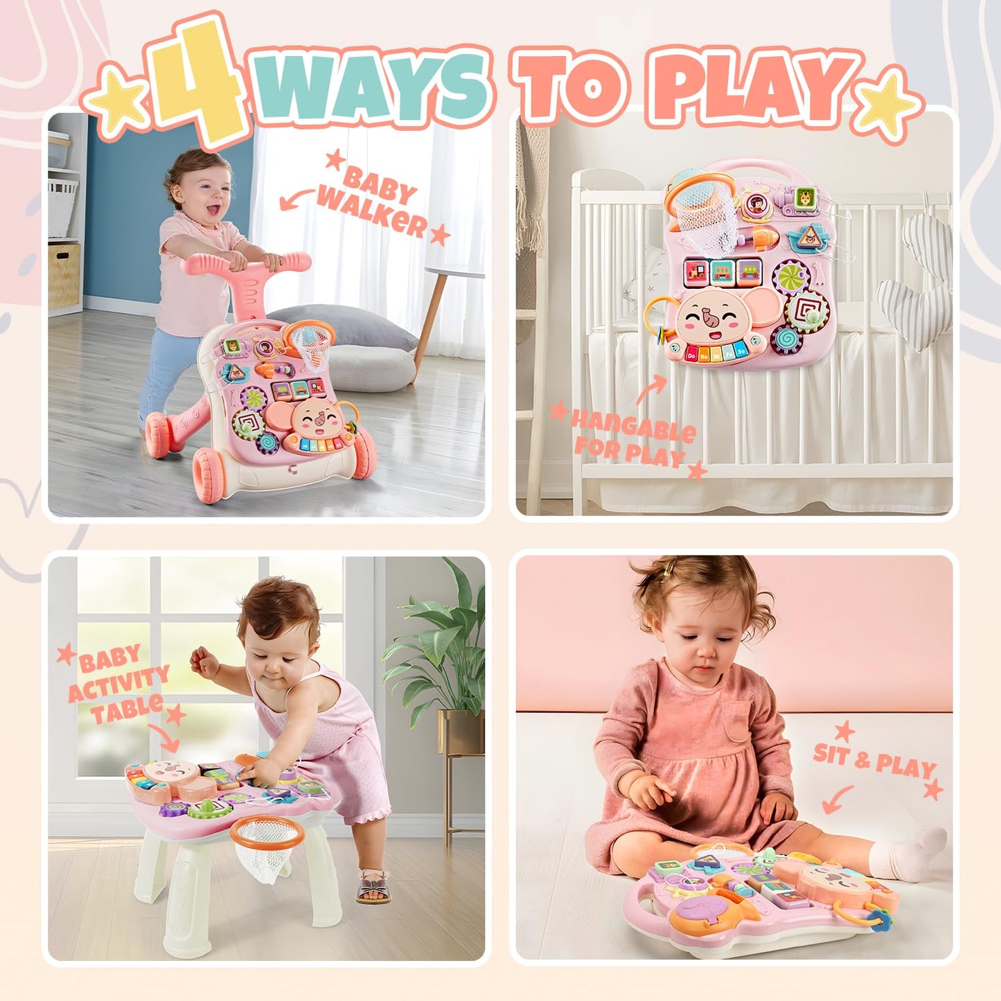 TOY Life 3 in 1 Baby Push Walker & Activity Center, Pink, for 6-12 Months, Model ZS409399, Music Panel, Sit to Stand Learning Toy