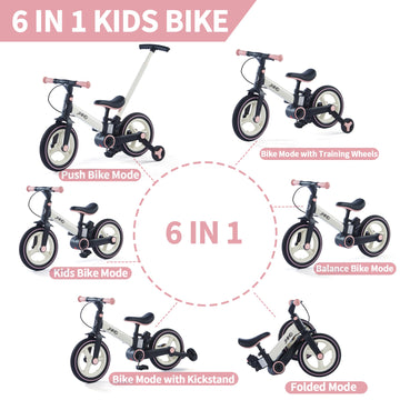 Jmmd Toddler Bike With Push Handle For Kids 18-60 Months, 6 In 1 Push Bike With Training Wheels & Pedals, Balance Bike For Boys And Girls With Brakes & Kickstand, Pink