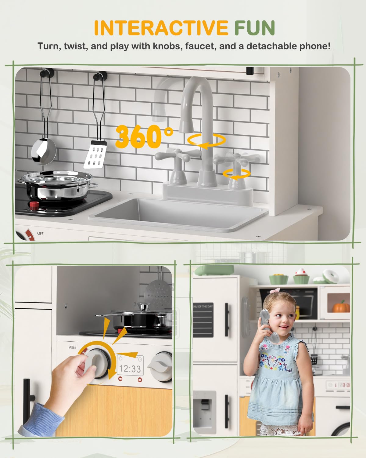 Babytronic Wooden Kitchen Playset for Kids, Interactive Toy Kitchen with Lights & Sounds, White, Ages 3+, Includes Oven & Microwave
