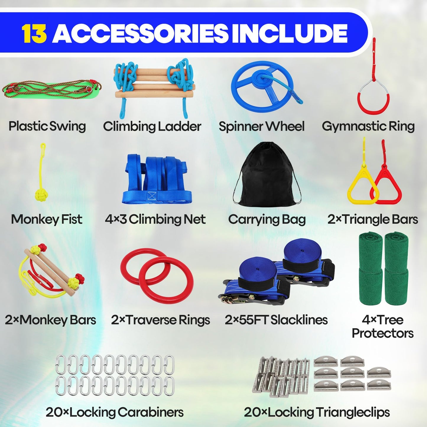 2X55Ft Ninja Warrior Obstacle Course For Kids With 13 Obstacle Course Accessories-Swings, Monkey Bars, Arm Trainers And More, Su