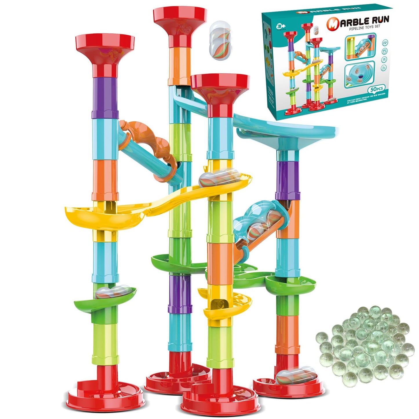 ailixinda 50 PCS Marble Run enhanced Set STEM Educational Building Block Toy Marble Track Race Set with 15 Glass Marbles for Boys & Girls Marble Maze Game Construction Building Blocks Toys for Kids