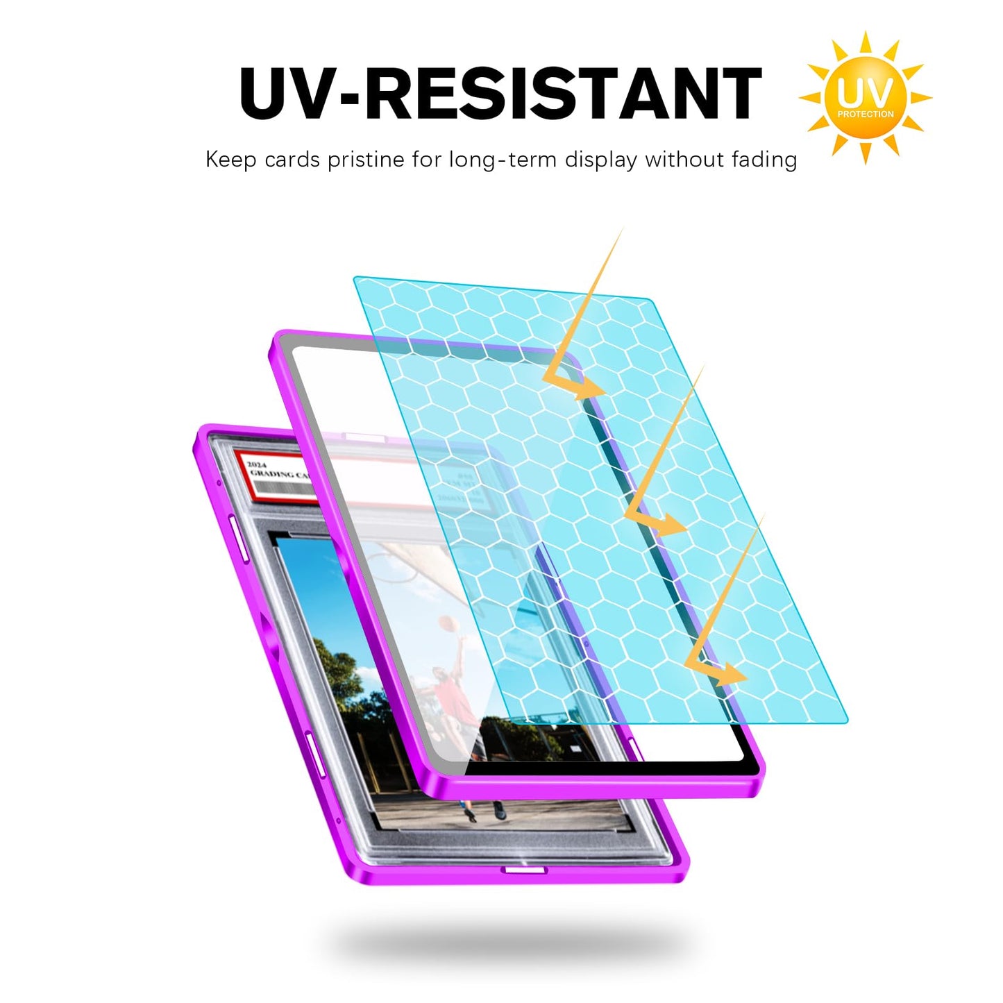 Magenetic Trading Card Slab Protector - enhanced Aluminum Graded Card Showcase  Graded Slab Protector with UV-Resistant Tempered Glass  Personalized Slab Bumper for Collectors  Purple