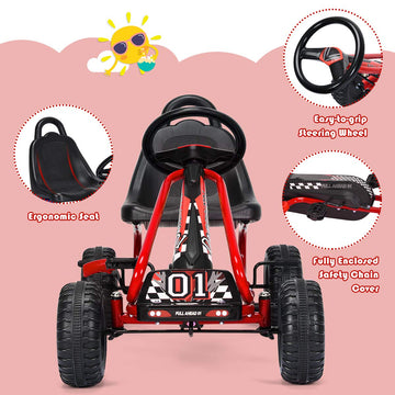 Costzon Go Kart For Kids, 4 Wheel Pedal Powered Go Cart With Adjustable Seat, Handbrake & Non-Slip Wheels, Outdoor Racer Ride On Pedal Car, Gift For Boys Girls (Red)