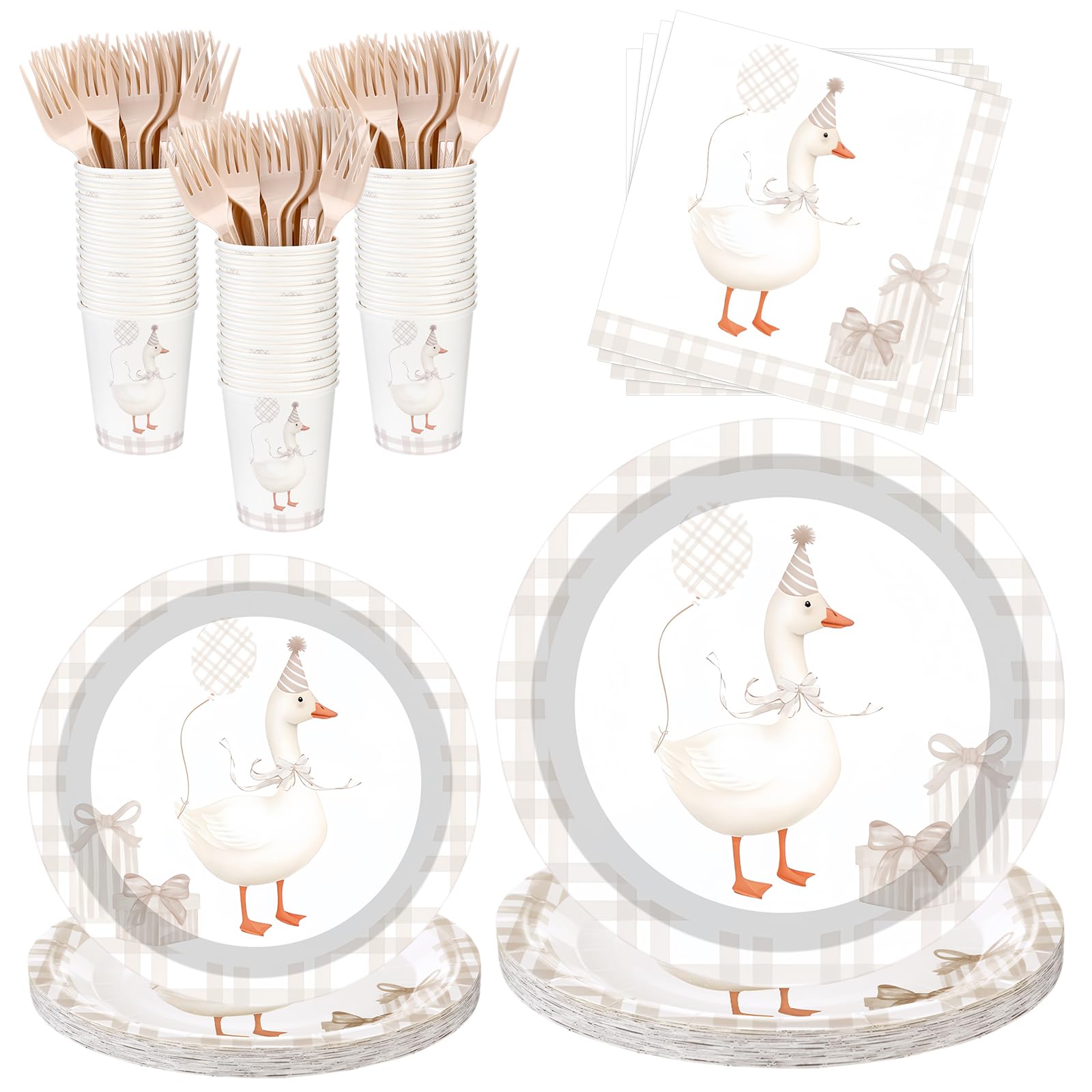 Havawish 120 Pcs One Silly Goose Birthday Party Tableware Set Beige Baby Shower Plates Cup Napkins Forks for Birthday Party Deco