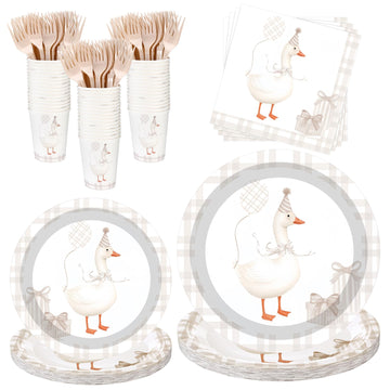 Havawish 120 Pcs One Silly Goose Birthday Party Tableware Set Beige Baby Shower Plates Cup Napkins Forks for Birthday Party Deco