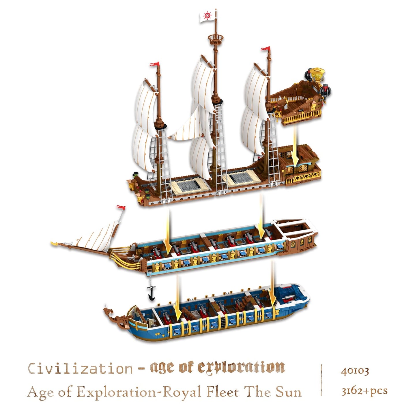JMBricklayer Pirate Ship Building Set - Large 2830-Piece Gold Plastic Model 40103 for Adults, Stunning Tiered Design, Perfect Gift