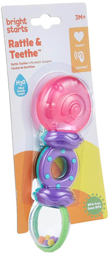 Bright Starts Rattle and Teethe Baby Teether, Silicone, 1 Count, Chillable, Pretty in Pink, Model 8836, Ages 3 Months +