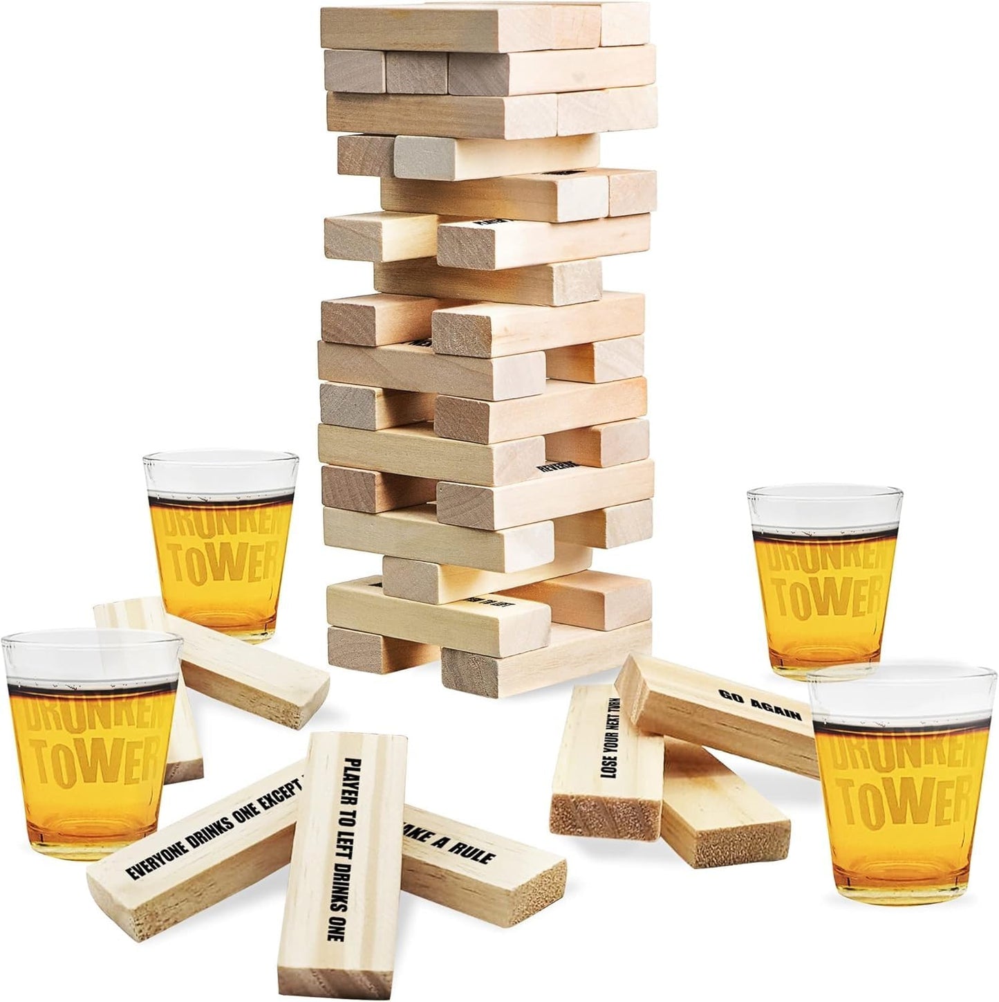 GIFTS INFINITY® Drunken Tower Game - Wooden Block Stacking Game, Fun Gift for Adults and Kids, Perfect for Parties, Color: Wood