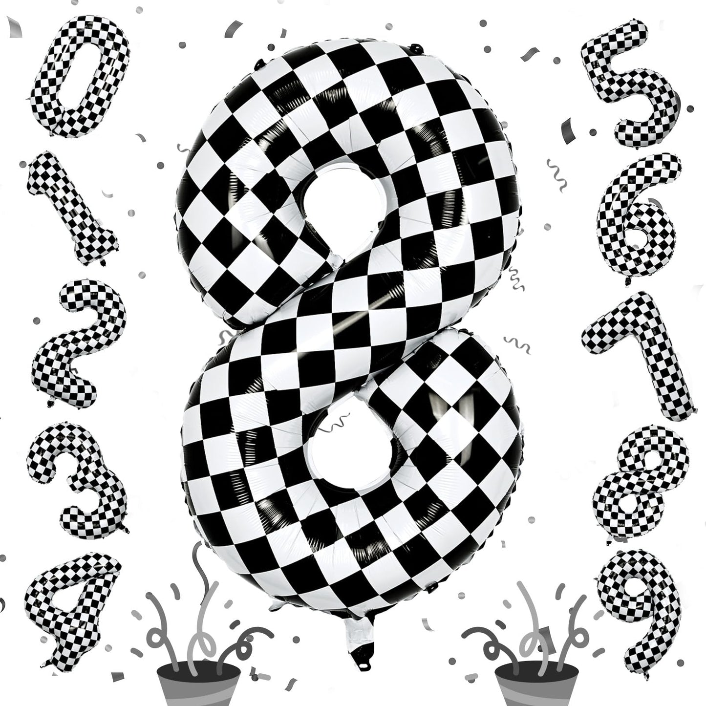 Foil 8Th Birthday Number Balloon, Large Checkered Helium 8 Racing Balloons Decor, 40 Inch Self Inflating Black And White Number