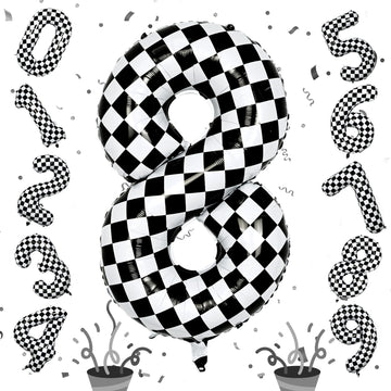 Foil 8Th Birthday Number Balloon, Large Checkered Helium 8 Racing Balloons Decor, 40 Inch Self Inflating Black And White Number