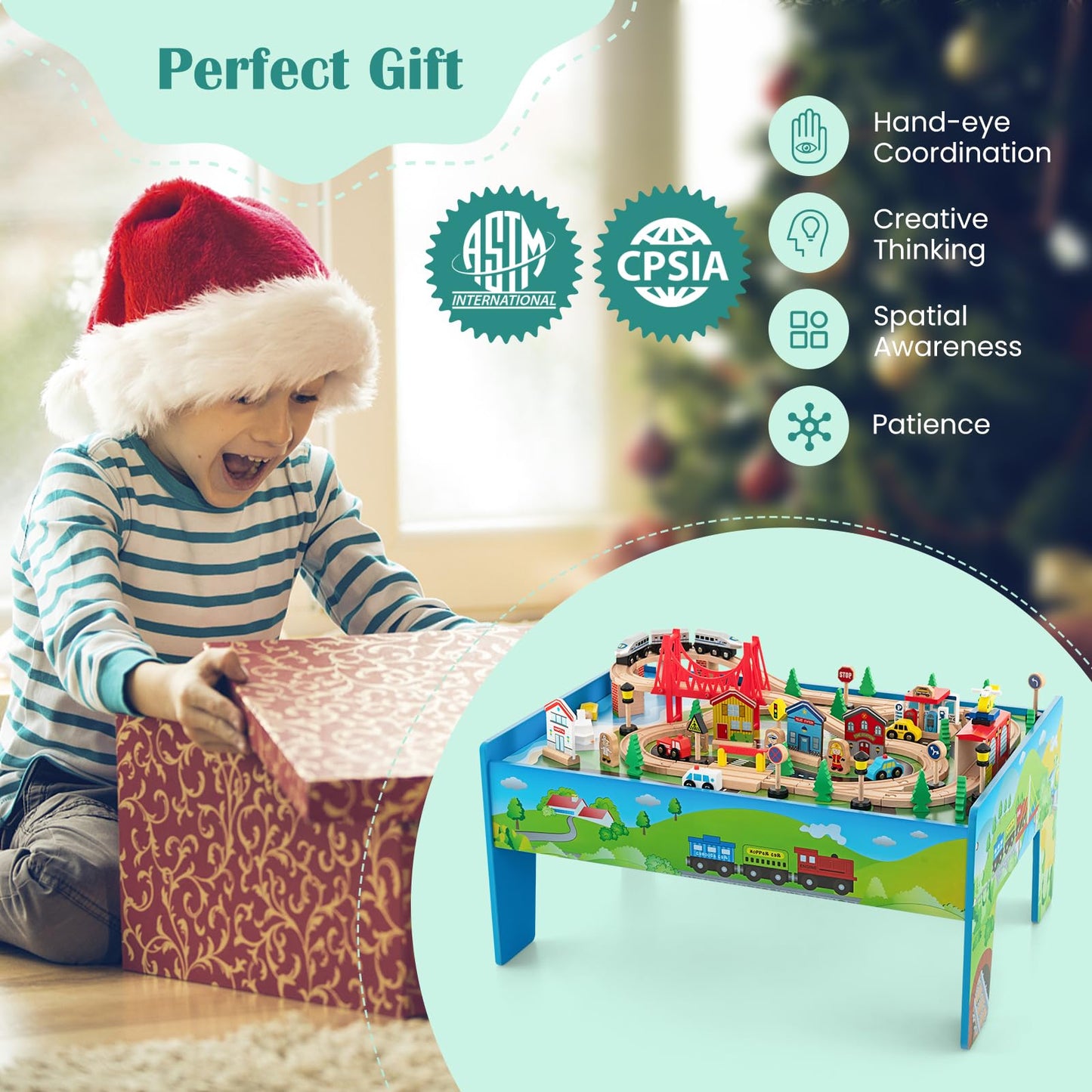 GLACER 80-Piece Train Table, Large Multipurpose Wooden Toy Activity Table Playset with Reversible Detachable Tabletop, Railway T