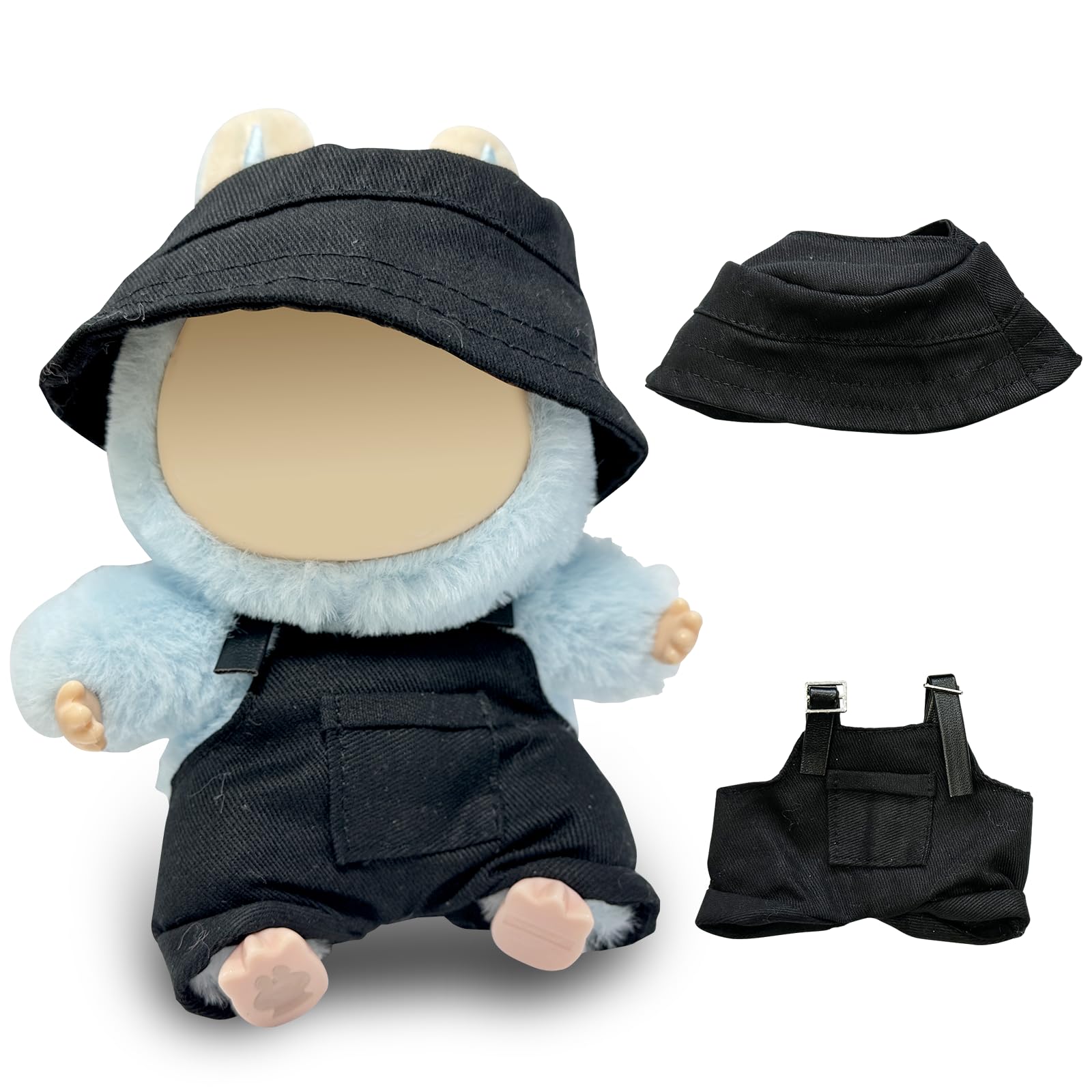 17cm Light Purple Doll Clothes Set (No Doll)  Bucket Hat & Overalls Shorts Outfit  Cute Style for 17cm Doll Dress - up(Hat-Overalls Black)