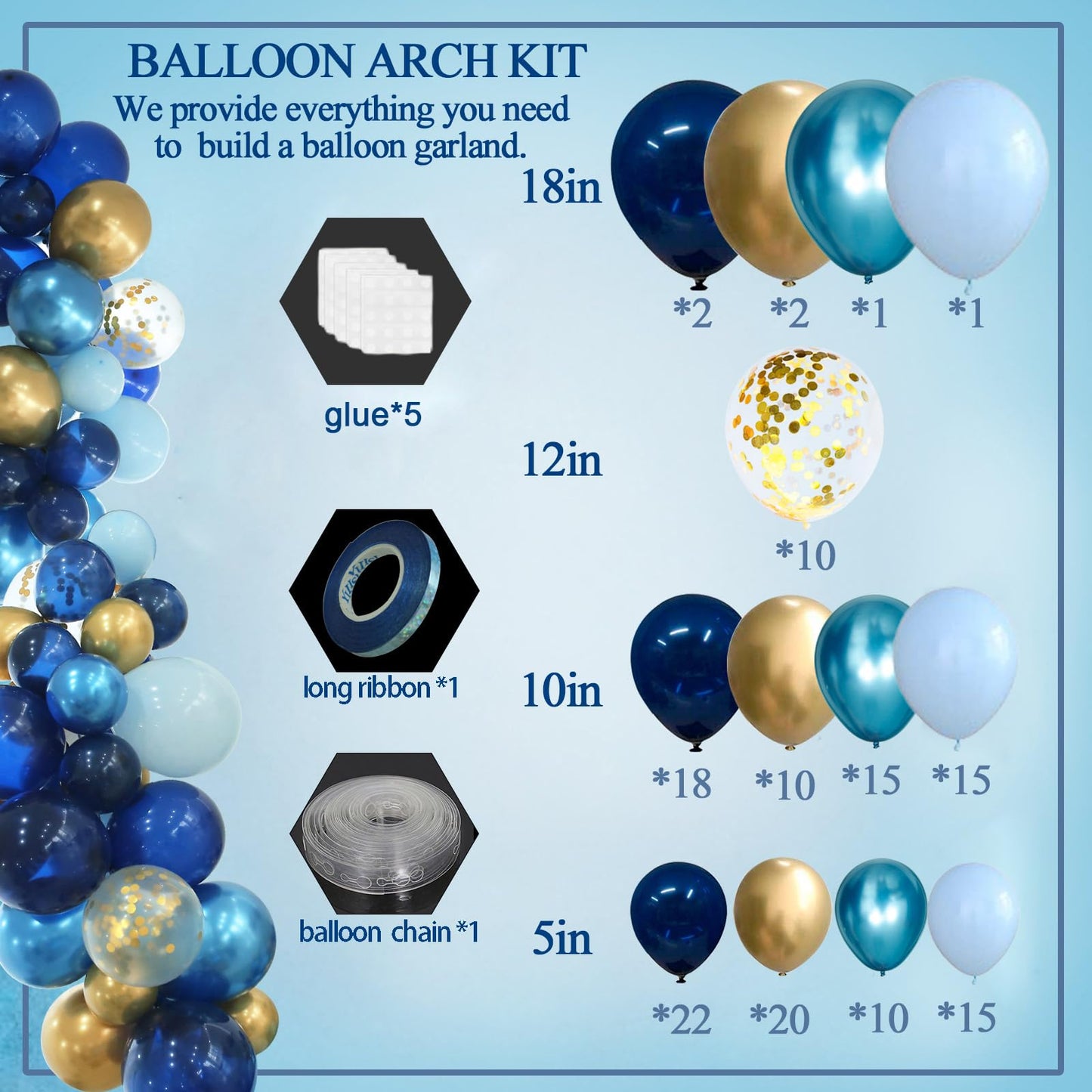 Infloral Birthday Party Blue Balloon Arch Kit Navy Metallic Pastel Blue And Gold Balloon Garland Kit For Father'S Day Baby Shower Wedding Graduation Party Decorations