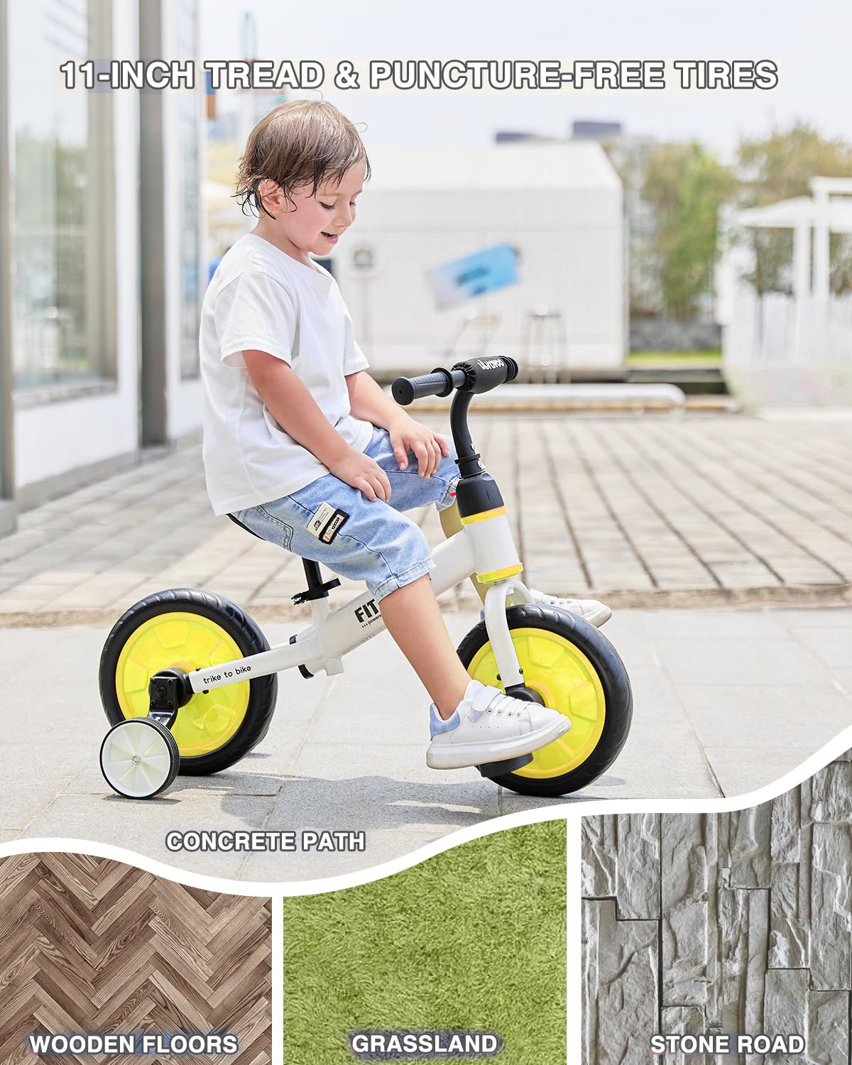 Ubravoo Trike To Bike Riding Tricycles For Boys Girls 2-5, Fit 'N Joy Kids Balance Bike With Pedals & Training Wheels Options, 4-In-1 Starter Toddler Training Bicycle (Yellow-White)