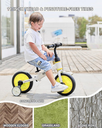Ubravoo Trike To Bike Riding Tricycles For Boys Girls 2-5, Fit 'N Joy Kids Balance Bike With Pedals & Training Wheels Options, 4-In-1 Starter Toddler Training Bicycle (Yellow-White)
