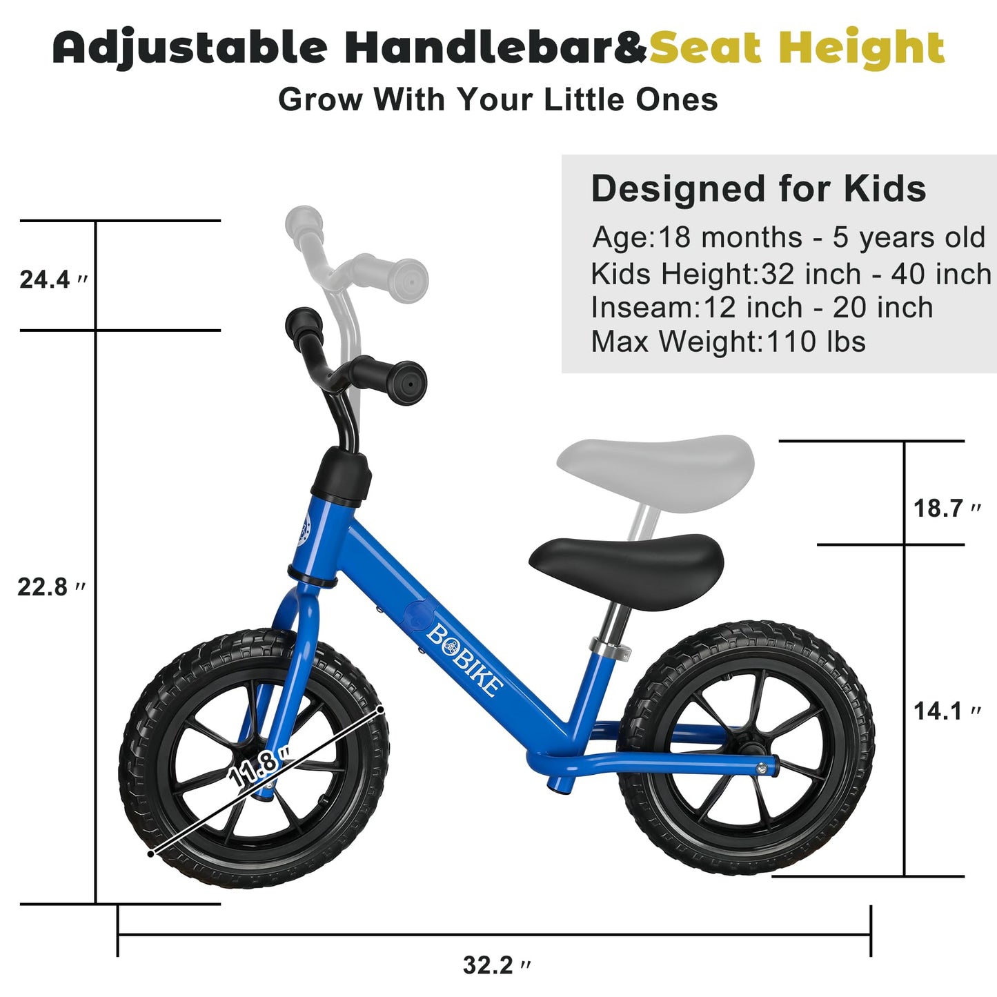 Bobike Toddler Balance Bike Toys For 2 To 5 Year Old Girls Boys Adjustable Seat And Handlebar No-Pedal Training Bike Best Gifts For Kids (Blue)