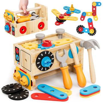 Montessori Kids Tool Set, Wooden Toddler Tool Bench Educational Toys for Ages 2-4, 2 Year Old Boy Gift for Birthday Christmas, S