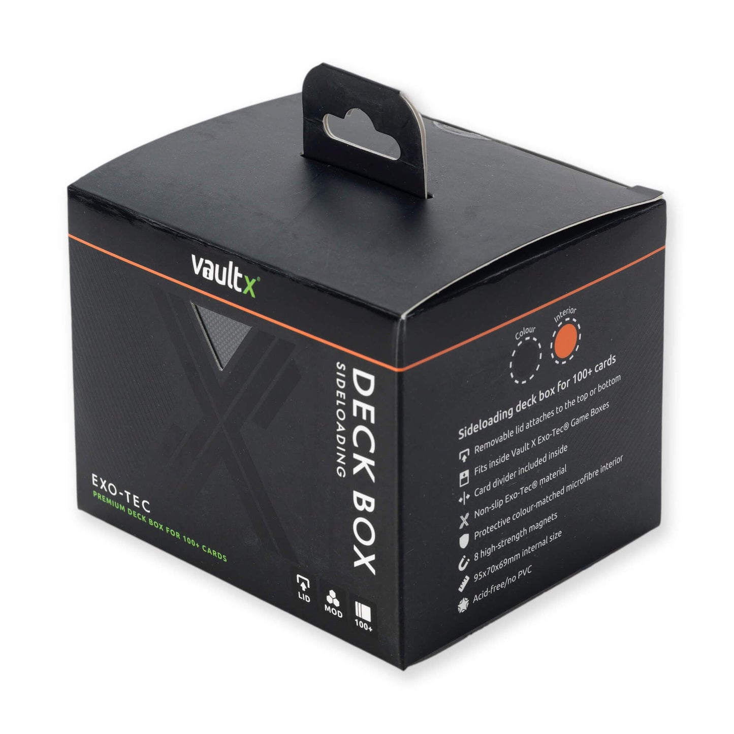 Vault X Exo-Tec® Modular Sideloading Deck Box Module For 100+ Tcg Cards. Detachable Magnetic Lid. Fits Commander & Standard Trading Cards. (Black/Electric Orange)