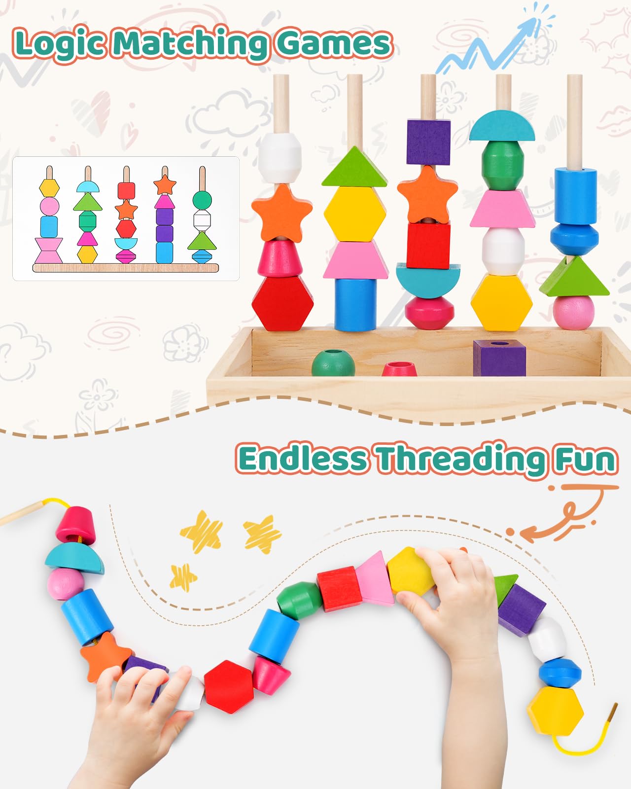 KidMigo Montessori Toys for 3 Year Old  Stacking Toys for Toddlers  Stacking Blocks  Lacing Beads  Matching Shape Preschool Toys  Montessori Toys for 3 4 5 Year Olds with Canvas Storage Bag